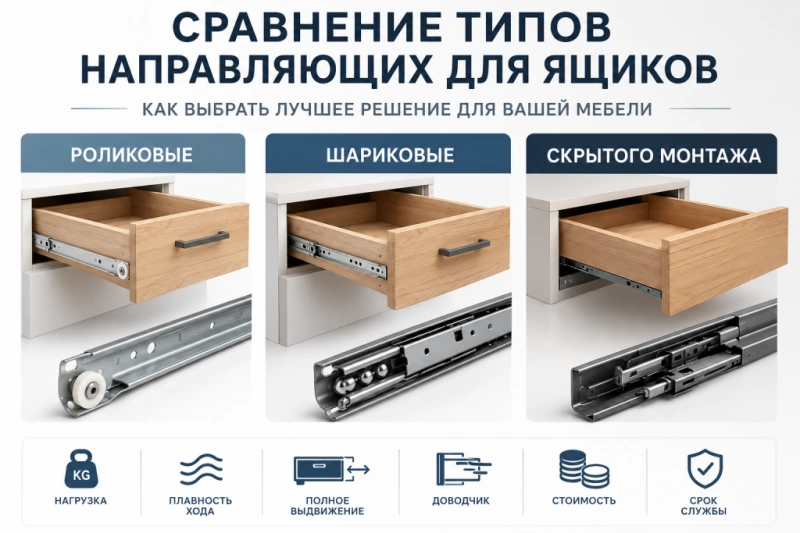  Инфографика: сравнение типов направляющих для ящиков